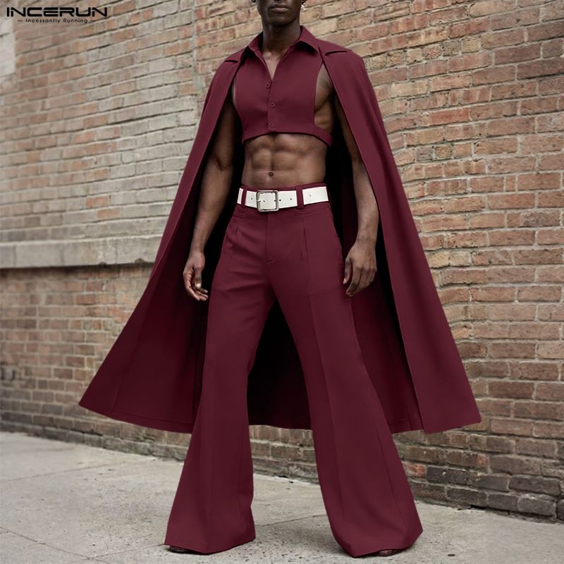 Men'S Fashion 2026 - INCERUN 男性セットソリッドカラーラペルノースリーブ不規則なポンチョシャツ & パンツ 2 枚セットストリートウェア