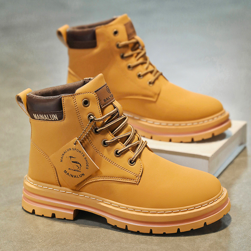 Men'S Fashion Footwear - クラシックメンズハイカットブーツ高品質イエローレザーブーツファッションアウトドアスニーカーメンズレースアップ滑り止めアンクルブーツメンズ
