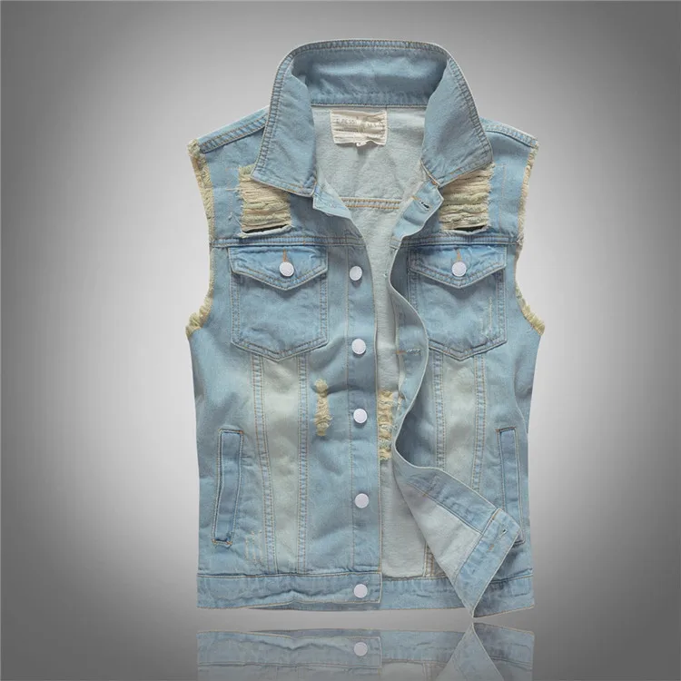 Men'S Fashion Vest With Jeans - 春秋の新ファッションメンズウォッシュライトブルー Sleevelss ジーンズジャケット穴パッチデニムベストコート男性メンズストリート