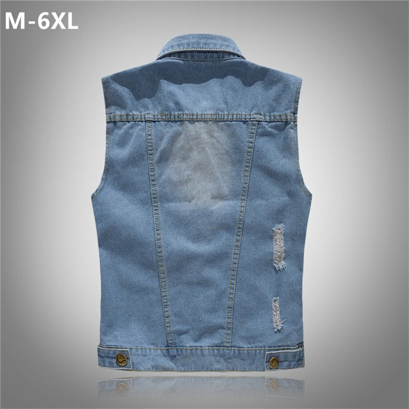 Men'S Fashion Vest With Jeans - 破れたデニムベスト男性韓国フィット人気ファッションライトブルー 6XL 5XL プラスサイズノースリーブジーンズジャケット傷のある男性ベスト