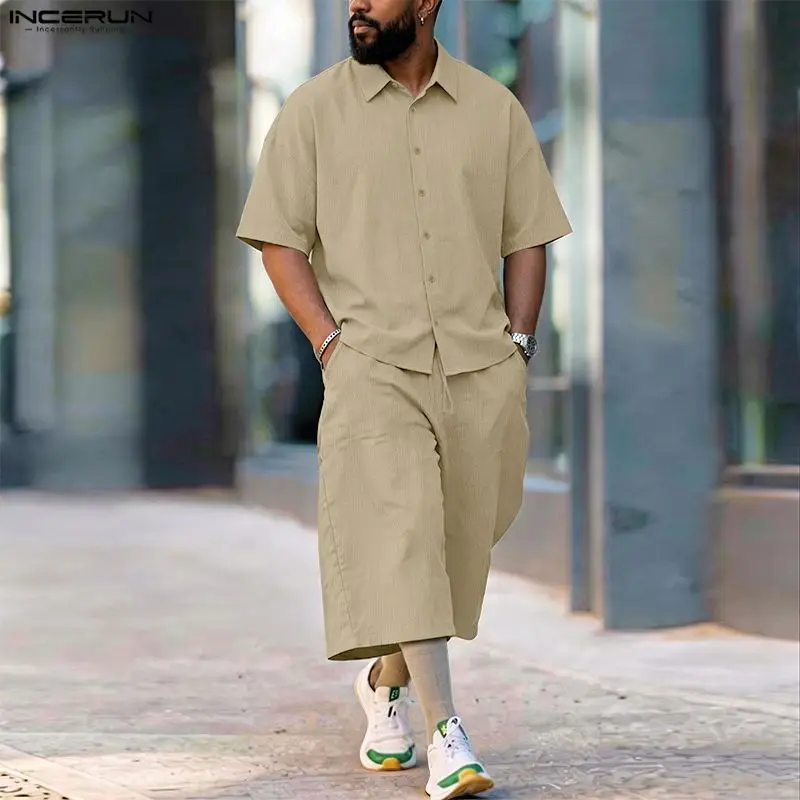 Men'S Fashion 2026 - INCERUN メンズセットソリッドラペル半袖シャツパンツツーピースセットストリートルーズ 2026 夏のファッション男性マッチングセット