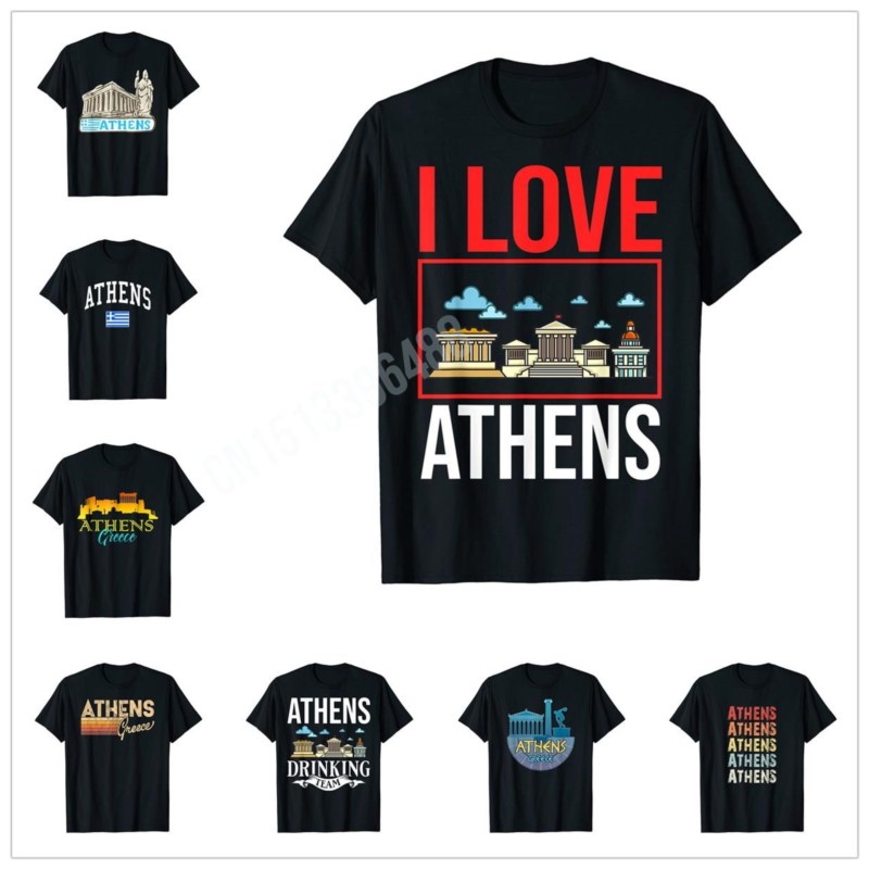 Men'S Fashion Greece - より多くのデザイン私はアテネが大好きですギリシャレトロヴィンテージサンセットスカイライン Tシャツマップ男性用女性用 Tシャツトップスコットン Tシャツ
