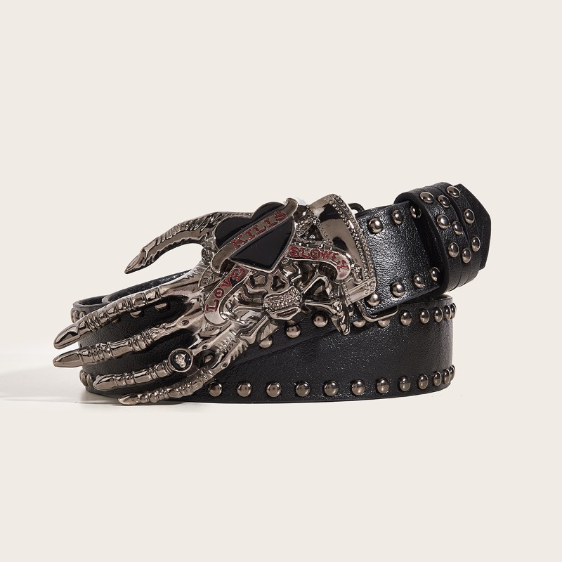 Leather Belt Braided - スタイリッシュなアメリカンスタイルのパンクスカルハートとパームプリントのスナップボタンベルト - ファッションに敏感な女性のための、トレンディで多用途なニッチベルトです。