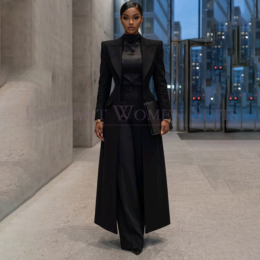 Men'S Fashion All Black Outfit - 高級ブラックレディースブレザースーツ2026ファッションワンボタンロングジャケットパンツアウトフィットフォーマルピークドラペル2ピースアウターウェア