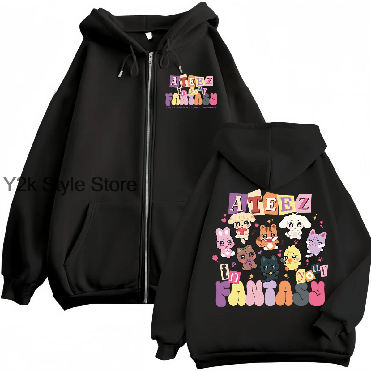 Mens Fashion Zip Up Hoodies - 2025年ワールドツアー ジップアップスウェットシャツ KPOP ATEEZ カートゥーン グラフィック