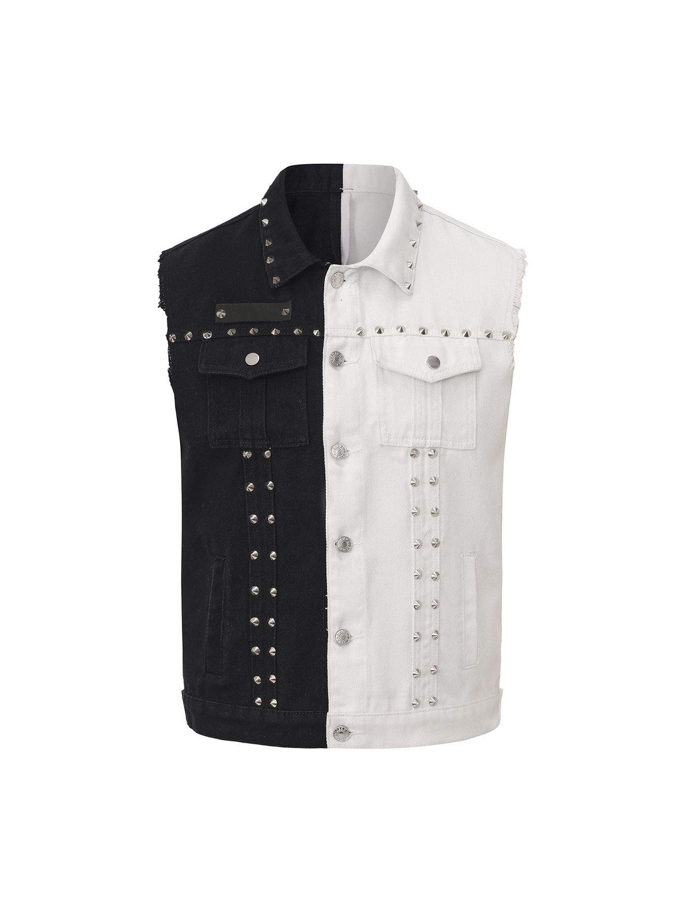Men'S Fashion Vest With Jeans - メンズパンクスタイルジーンズベスト、リベット付きファッションハイストリートウェアデニムベスト、黒と白のパッチスリーブジャケット