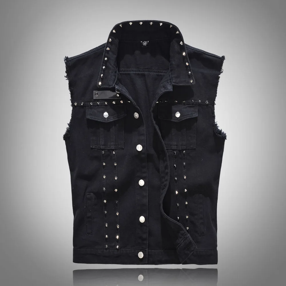 Men'S Fashion Vest With Jeans - 2026年春ファッション メンズ リベットデニムベスト パンクパーティー スタッズ付きスリムフィットジージャンジャケット 男性用ノースリーブベスト