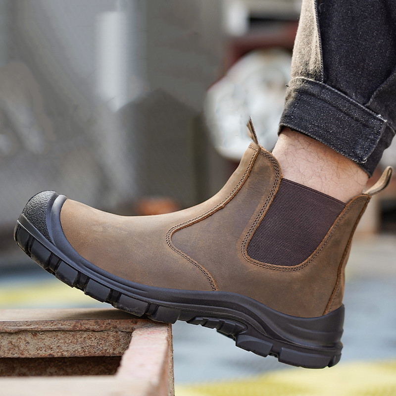 Men'S Fashion Footwear - 大きいサイズのメンズファッション、スチールトゥカバー付きワークブーツ、牛革安全靴、黒と茶色の作業用チェルシーブーツ、保護靴