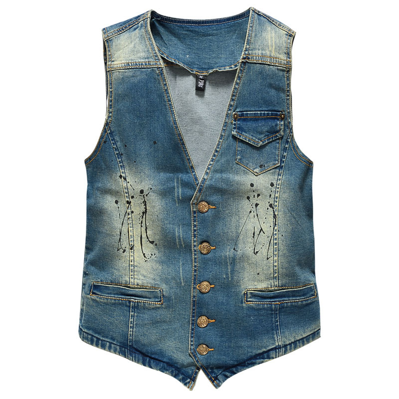Men'S Fashion Vest With Jeans - 春秋の新ファッションメンズ V-nevk スプラッシュインクヴィンテージブルーノースリーブジーンズジャケットカジュアルトレンディなデニムベストコートストリート
