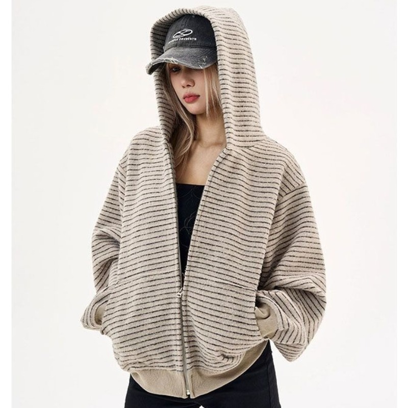Mens Fashion Zip Up Hoodies - 2026秋冬新作レトロストライプジッパーフーディコート韓国ファッションレディースカジュアルルーズフード付きジャケット日本ストリートウェア