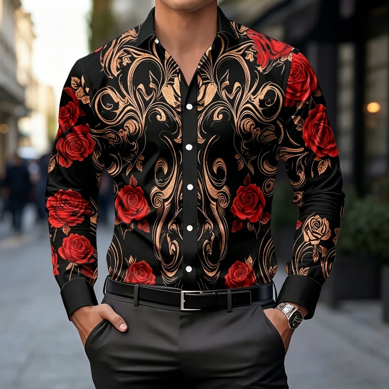 Men'S Fashion 2026 - 2026年新作メンズシャツファッションプリントシャツライトラグジュアリーレトロ柄スリムフィット長袖メンズビジネスカジュアルファッショントップス