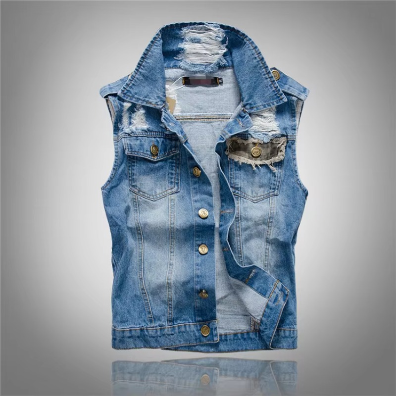 Men'S Fashion Vest With Jeans - メンズブルーデニムジャケット,スリムフィット,ストリートウェア,穴あき,ファッショナブル,ラージサイズ,5XL