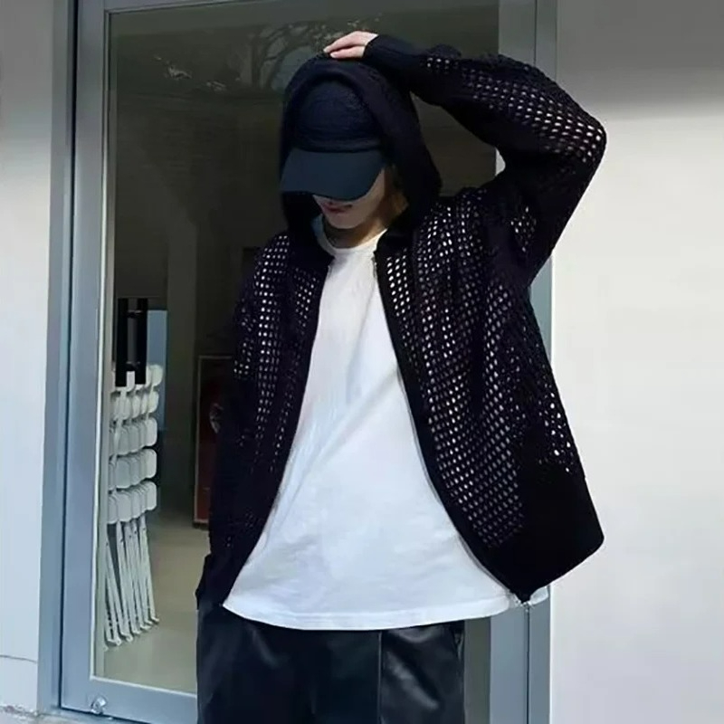 Men'S Fashion Zip Sweater - 2026 メンズカジュアル中空コート通気性カーディガンセーター夏軽量フード付きニットトップ韓国トレンディストリートウェア服