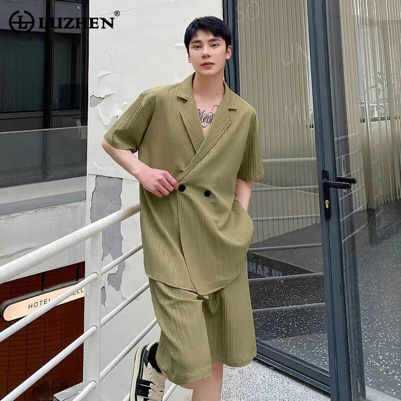 Men'S Fashion 2026 - LUZHEN ハンサムメンズ 2026 夏ソリッドファッションセットカラー ツーピース ダブルブレスト半袖シャツ