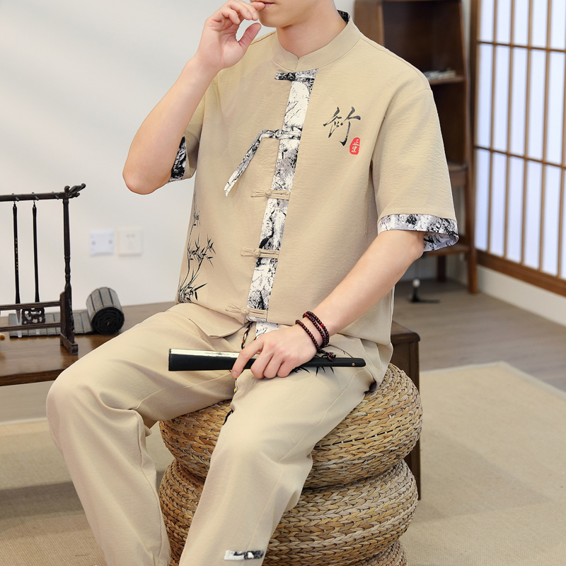 Men'S Fashion 2026 - 2026年春 メンズカジュアルセット 中華風シャツ+パンツ 夏 100%コットン スポーツウェア