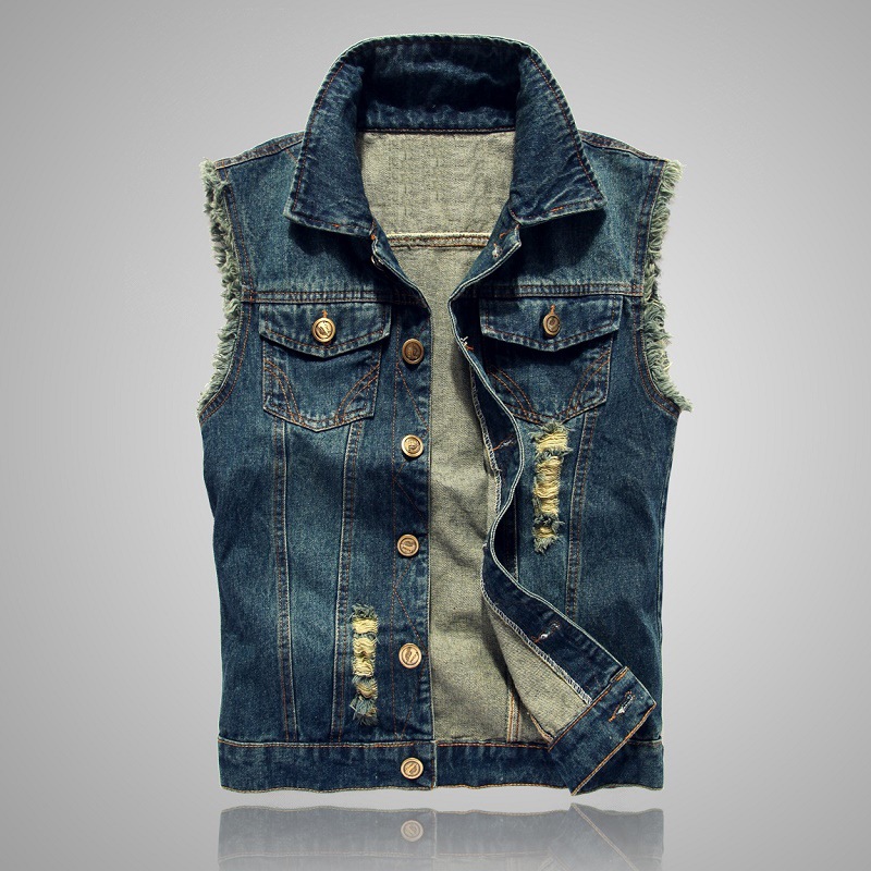 Men'S Fashion Vest With Jeans - 新しいファッション男性リッピングデニムチョッキノースリーブジャケットライトブルー穴デニムベスト男性綿スリムジーンズチョッキ 3XL