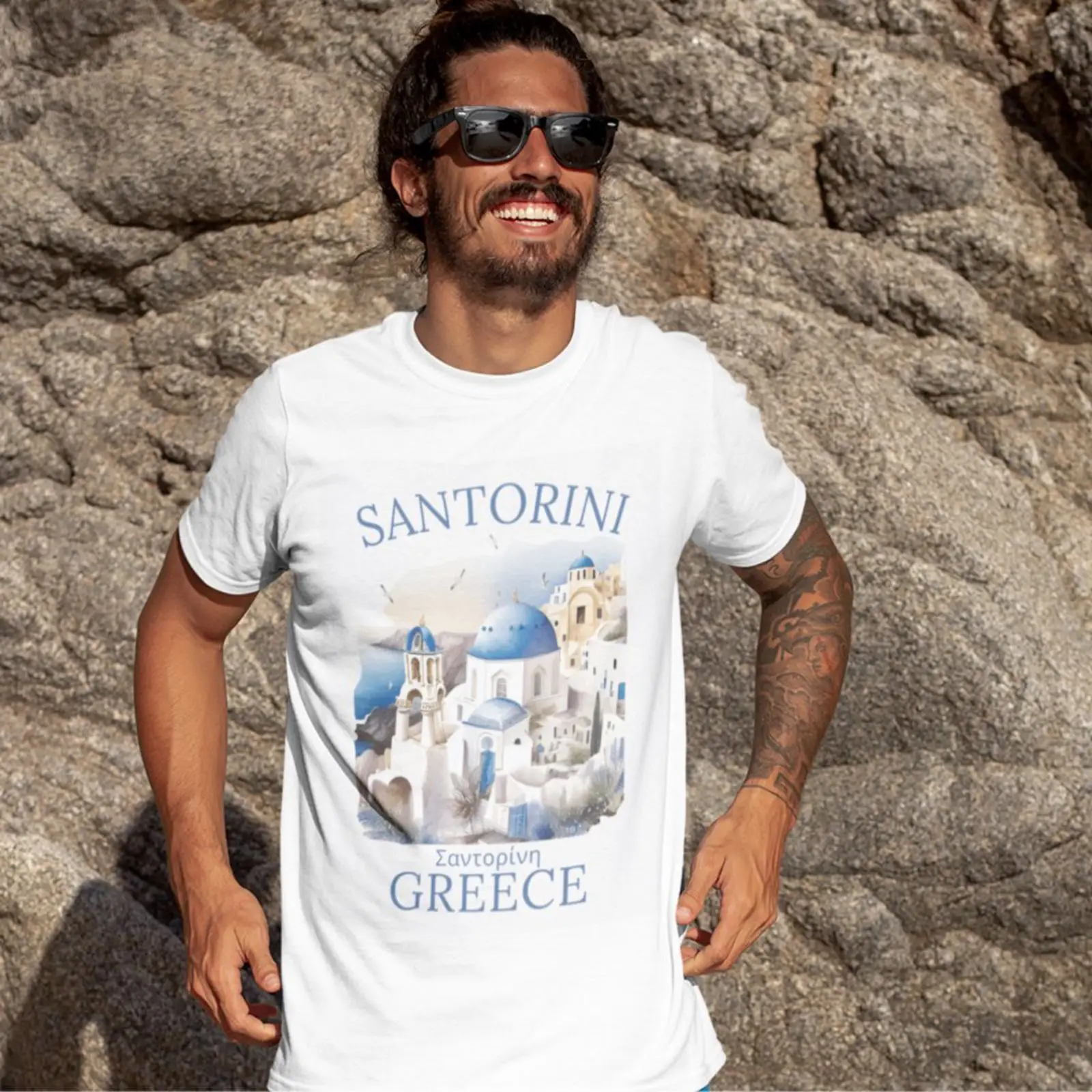 Men'S Fashion Greece - サントリーニ島ギリシャの美しい風景 Tシャツ ヴィンテージ ウォッシュド ファッション ユニセックス
