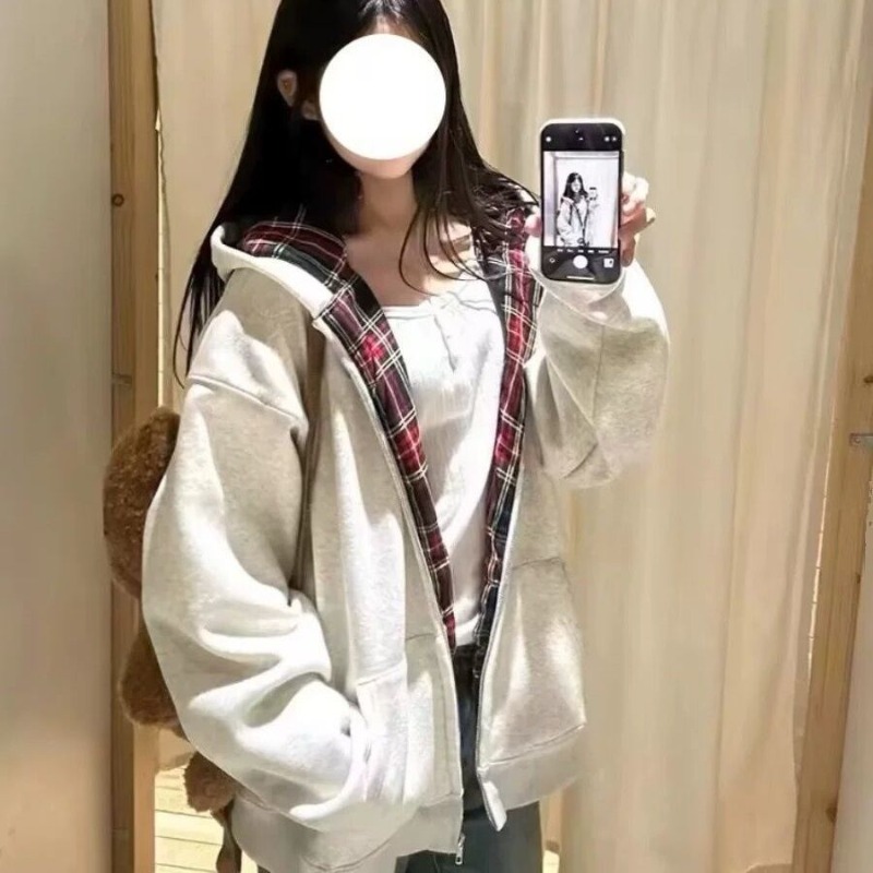 Mens Fashion Zip Up Hoodies - 2026年秋新作 チェック柄裏地スプライシング ルーズジッパーフーディー 日韓冬ファッション 原宿カジュアル レディースフーデッドジャケット