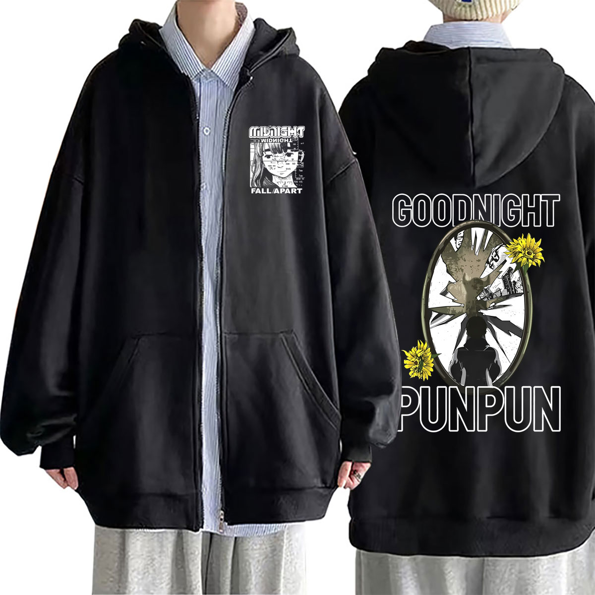 Mens Fashion Zip Up Hoodies - アニメ Oyasumi おやすみパンパングラフィックジッパーパーカー男性女性カジュアルマンガ特大ジップアップジャケット男性ファッションゴシックパーカー