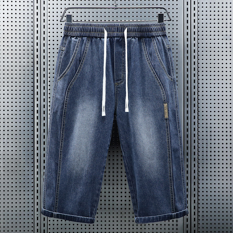 Jeans Pants Fashion Men - メンズ夏弾性ウエストクロップドジーンズショーツ新しいファッション巾着弾性ウエスト多用途ストレートルーズデニムショーツ