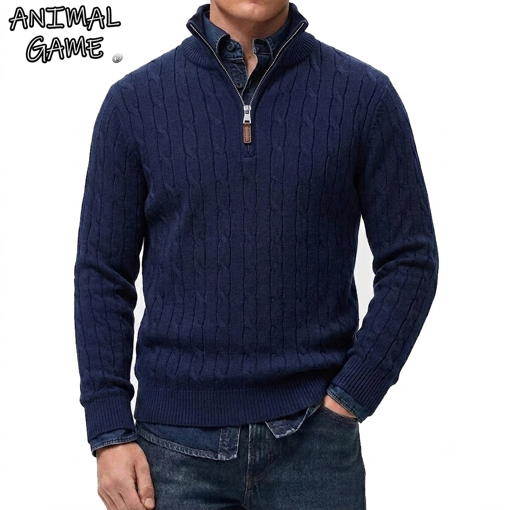 Men'S Fashion Zip Sweater - メンズカジュアルスタンドカラーカーディガン ハーフジップ ケーブルニットセーター 冬用 長袖 保温