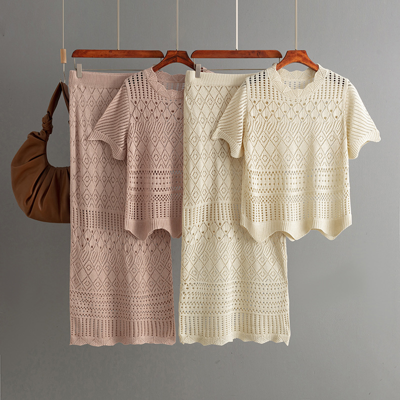 Men'S Fashion Today - ファッションスーツ レディース 夏新作 無地 ホロー 半袖ニットトップス+カジュアル快適スカート