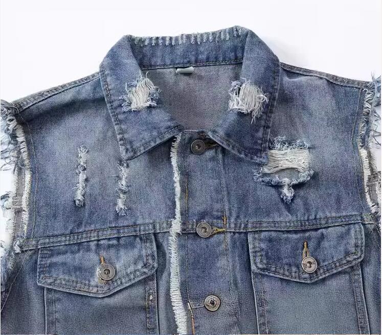 Men'S Fashion Vest With Jeans - 新しいファッション男性ブルーカジュアルリッピングデニムベストジャケット男トレンディなノースリーブコート男性ストリートスリムフィットジーンズチョッキ 5XL