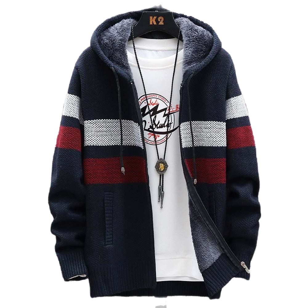 メンズストライプセーターコート厚いフリース暖かいジッパーウー - Men'S Fashion Zip Sweater のレビューと価格