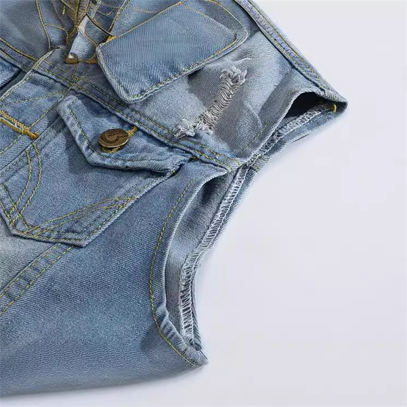 破れたデニムベスト男性韓国フィット人気ファッションライトブル - Men'S Fashion Vest With Jeans のレビューと価格