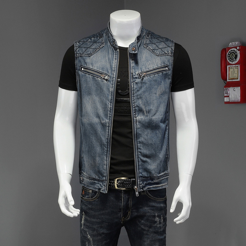 2026 男性オートバイバイカーデニムベストヴィンテージブル - Men'S Fashion Vest With Jeans のレビューと価格