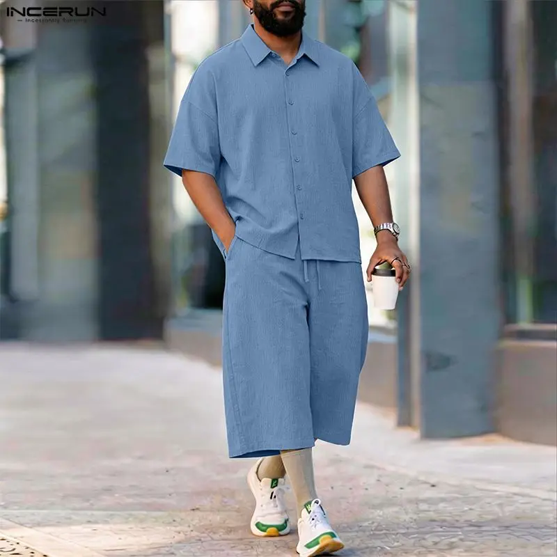 INCERUN メンズセットソリッドラペル半袖シャツパンツツ - Men'S Fashion 2026 のレビューと価格