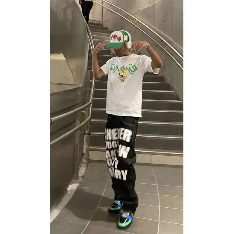 Y2Kジーンズ ヒップホップ レタープリント ブラックパンツ - Men'S Fashion Vest With Jeans のレビューと価格