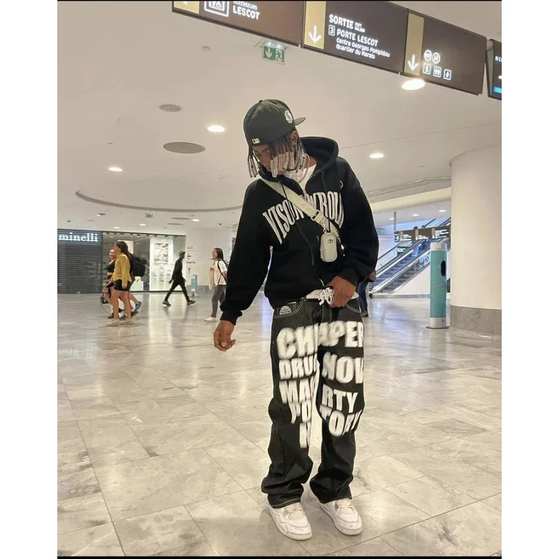 Y2Kジーンズ ヒップホップ レタープリント ブラックパンツ - Men'S Fashion Vest With Jeans のレビューと価格