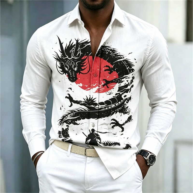2026年新作 メンズシャツ 白黒赤のコントラスト ドラゴン - Men'S Fashion 2026 のレビューと価格