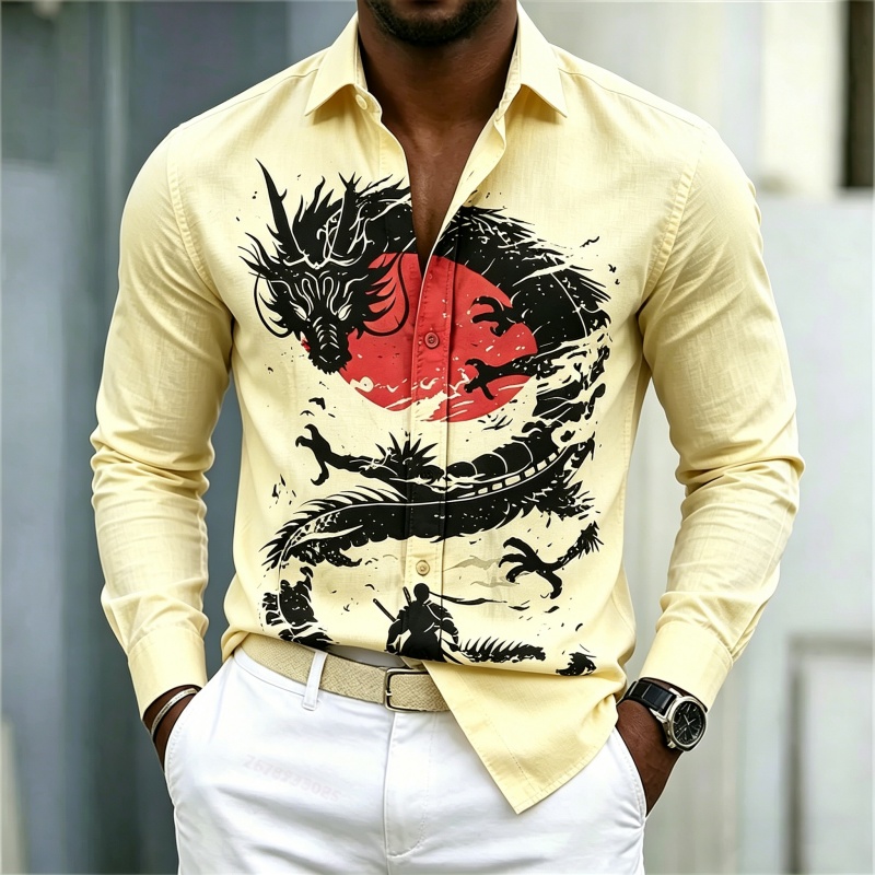 2026年新作 メンズシャツ 白黒赤のコントラスト ドラゴン - Men'S Fashion 2026 のレビューと価格