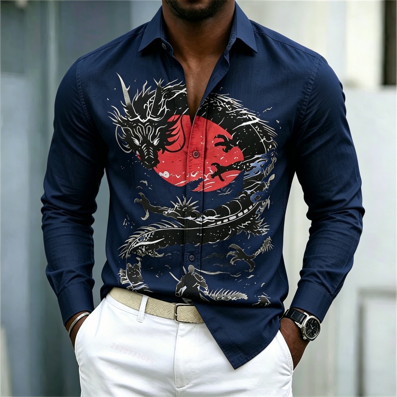 2026年新作 メンズシャツ 白黒赤のコントラスト ドラゴン - Men'S Fashion 2026 のレビューと価格
