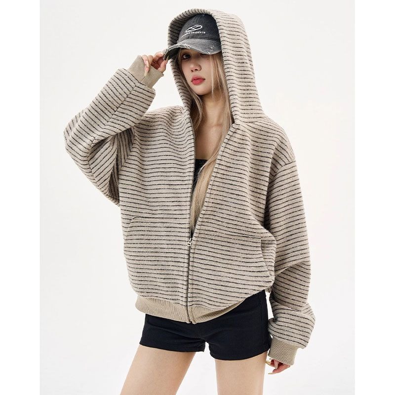 2026秋冬新作レトロストライプジッパーフーディコート韓国フ - Mens Fashion Zip Up Hoodies のレビューと価格