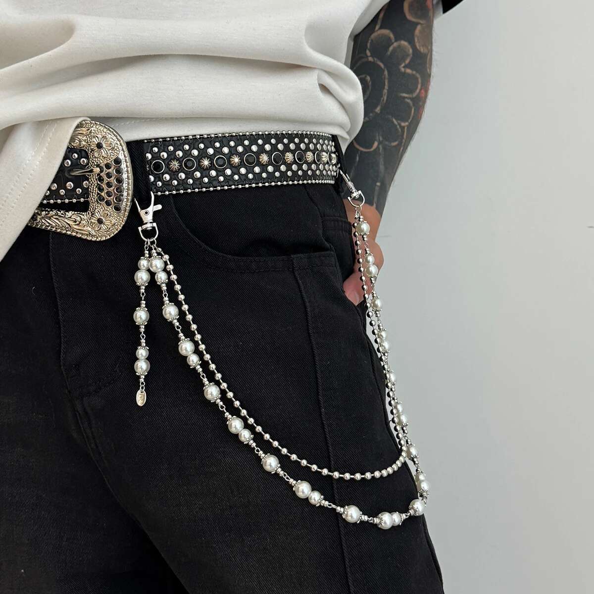 Ingemark 2025 流行のユニークな模造真珠合金ウエ - Jeans Pants Fashion Men のレビューと価格