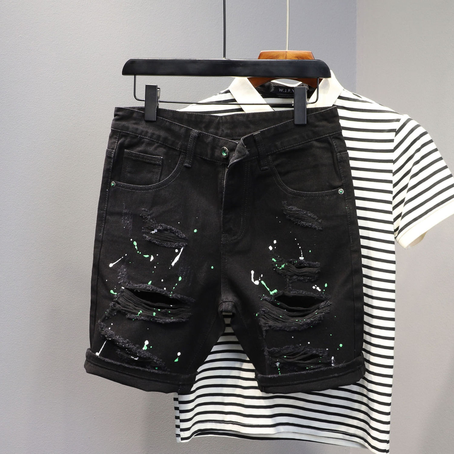 スキニーショートジーンズパンツ男性用ブラックリッピングマンデ - Jeans Pants Fashion Men のレビューと価格