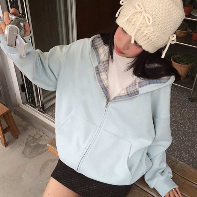 2026年秋新作 チェック柄裏地スプライシング ルーズジッパ - Mens Fashion Zip Up Hoodies のレビューと価格