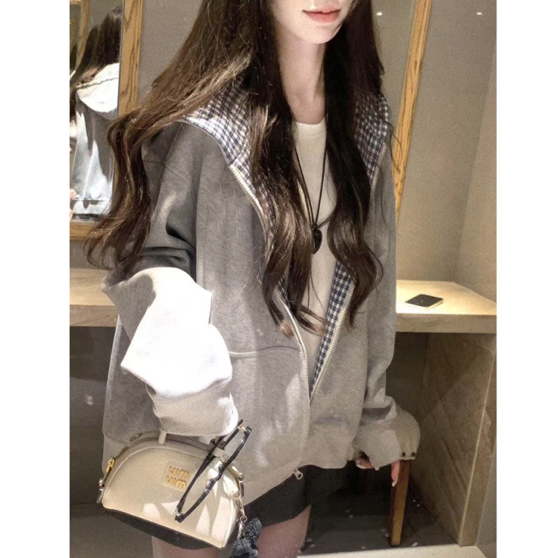 2026年秋新作 チェック柄裏地スプライシング ルーズジッパ - Mens Fashion Zip Up Hoodies のレビューと価格