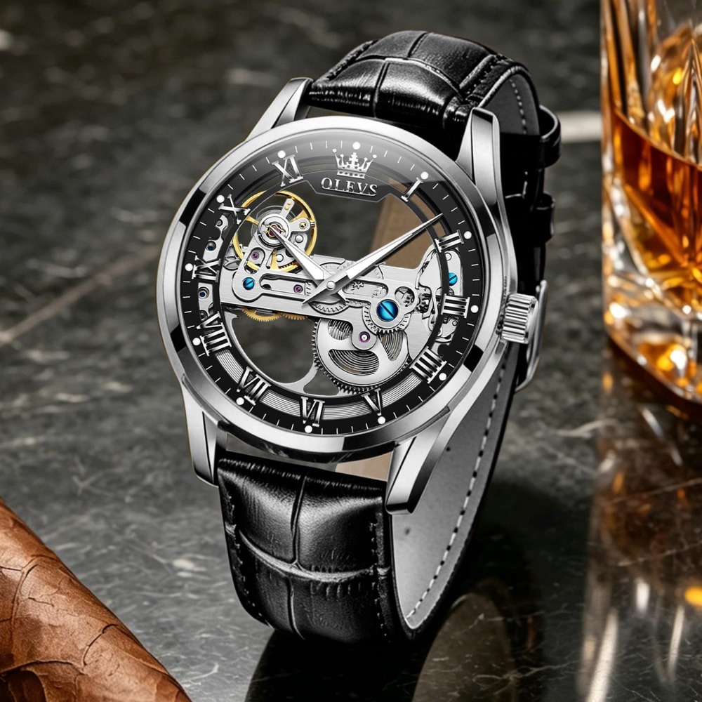 自動巻きスケルトン腕時計 メンズ - 機械式自動巻き、レザー - Mens Fashion Style Images のレビューと価格