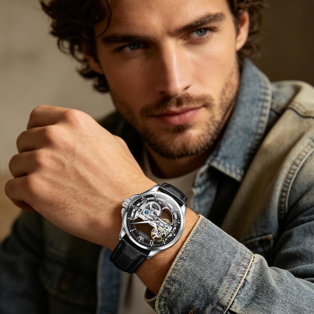 自動巻きスケルトン腕時計 メンズ - 機械式自動巻き、レザー - Mens Fashion Style Images のレビューと価格