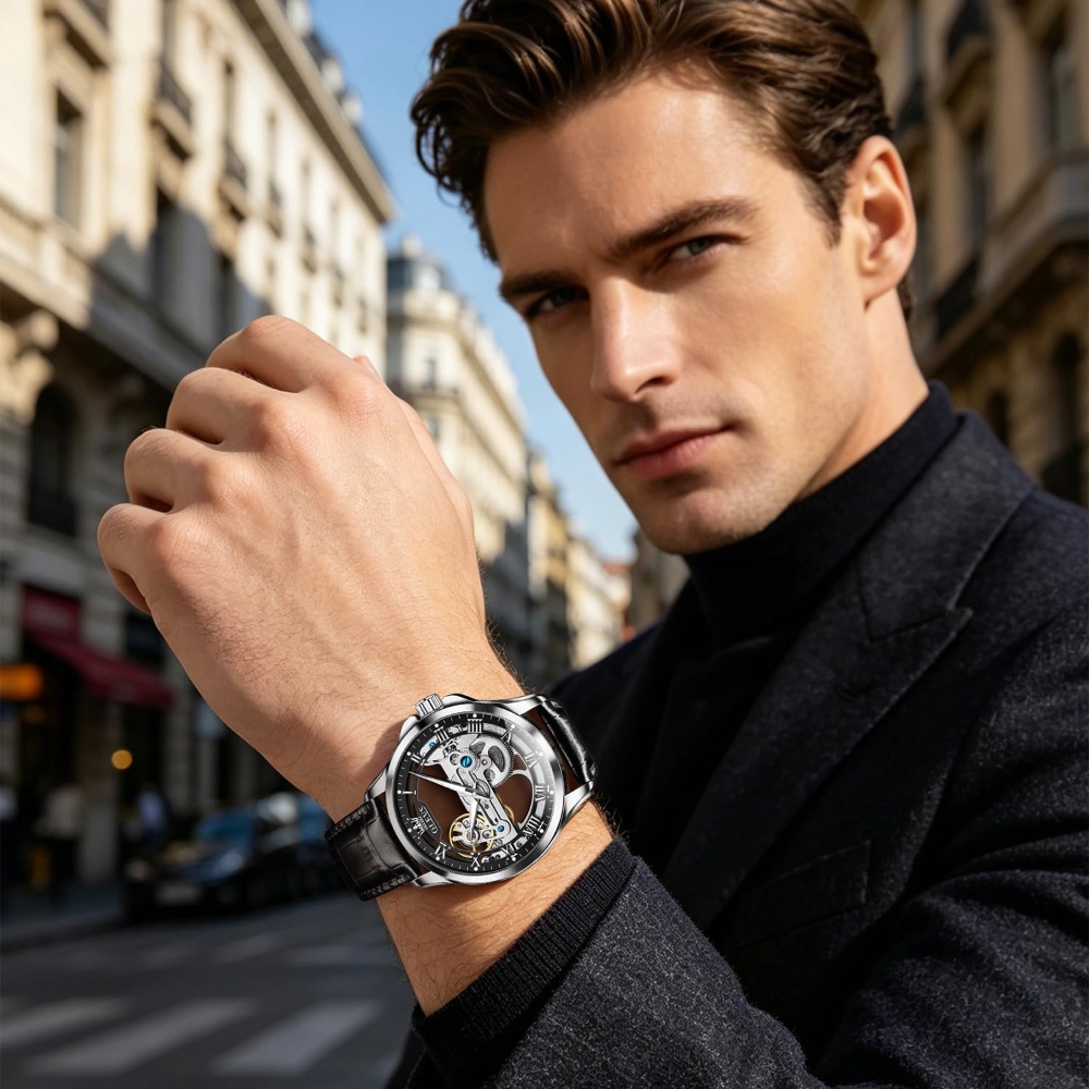 自動巻きスケルトン腕時計 メンズ - 機械式自動巻き、レザー - Mens Fashion Style Images のレビューと価格