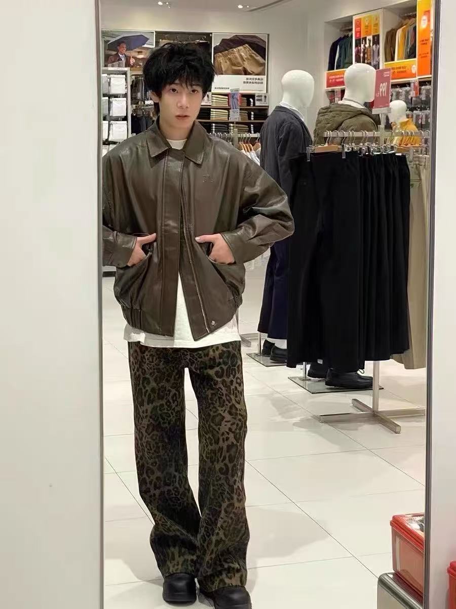 韓国原宿レトロ QICHE 男女兼用ハイストリートヒョウ柄ワ - Jeans Pants Fashion Men のレビューと価格