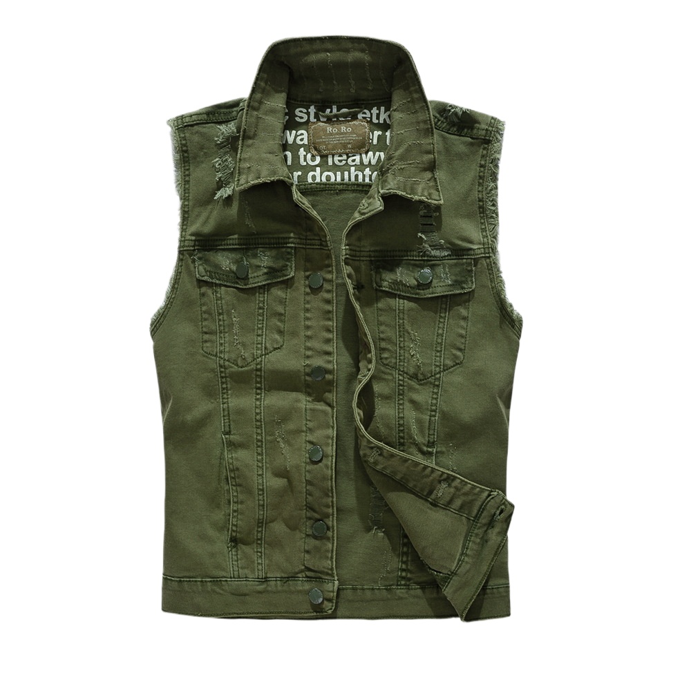 新しいファッション男性グリーンカジュアルリッピングデニムベス - Men'S Fashion Vest With Jeans のレビューと価格